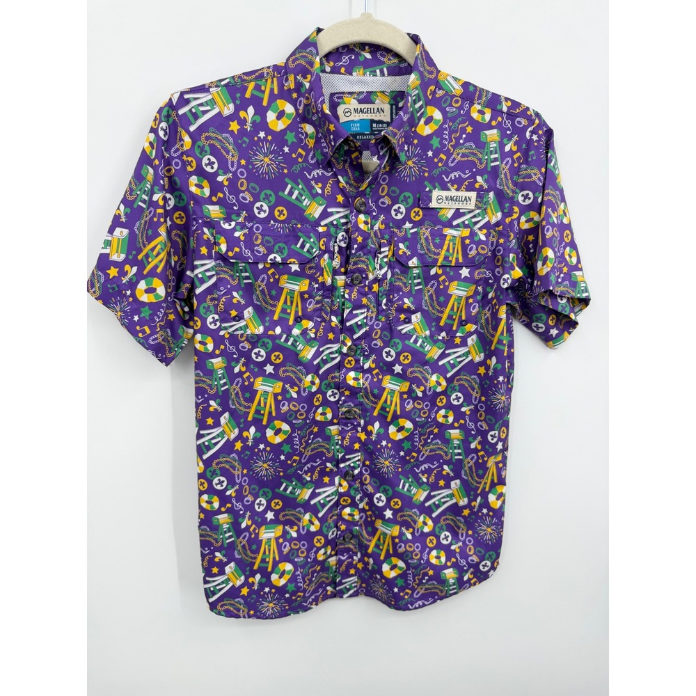 Magellan Mardi Gras Fishing Shirt boys Size M 10-12 Purple Novelty Print Relaxed